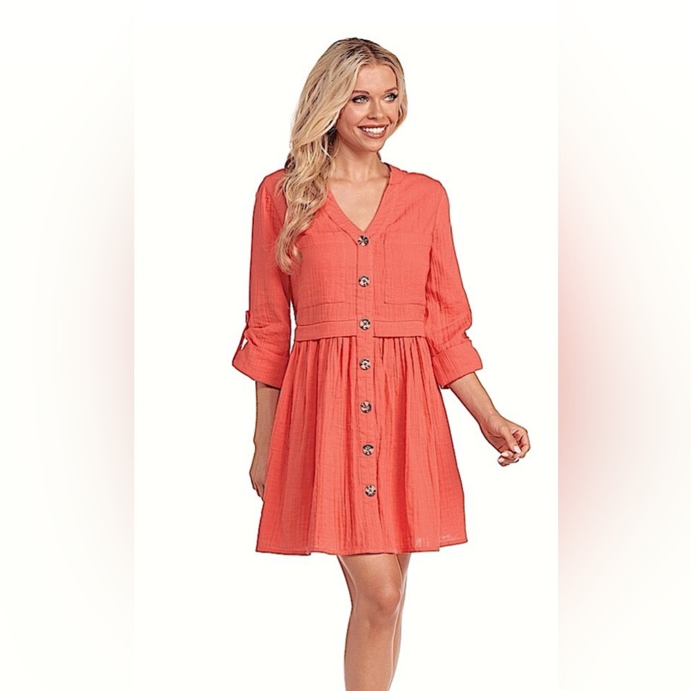 NWT Mud Pie Women's Addison Coral  3/4 Sleeve Button Design Dress Size Small